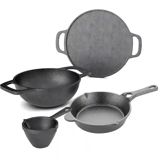 Lifelong Cast Iron Cookware Combo Set | Tawa (30cm), Kadai (24cm), Fry Pan (20cm) & Tadka Pan | Pre-Seasoned, Non-Toxic, Non-S